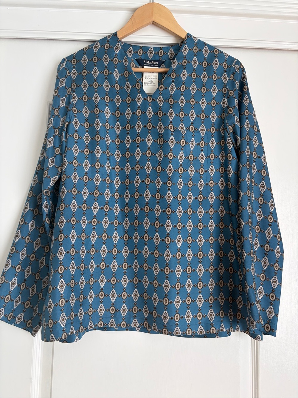 S Max Mara 100% Silk Blue Geometric Print Blouse Size 4